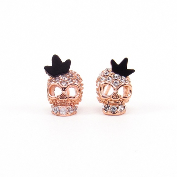 Skull Stud Earrings Crystal Pave 18K Rose Gold - Picture 4 of 4